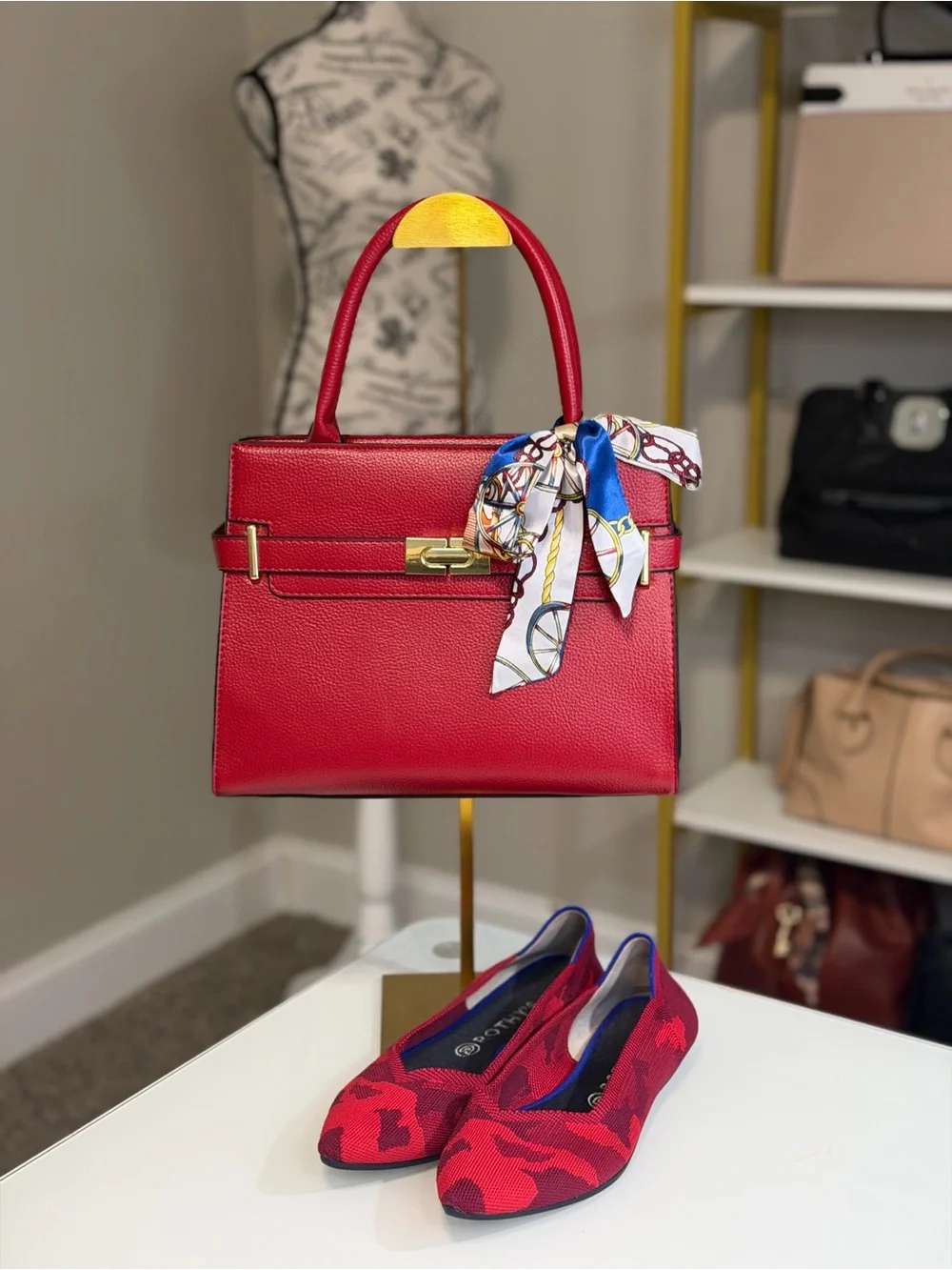 Red Structured Top-Handle Tote with Scarf Accent & Crossbody Strap
